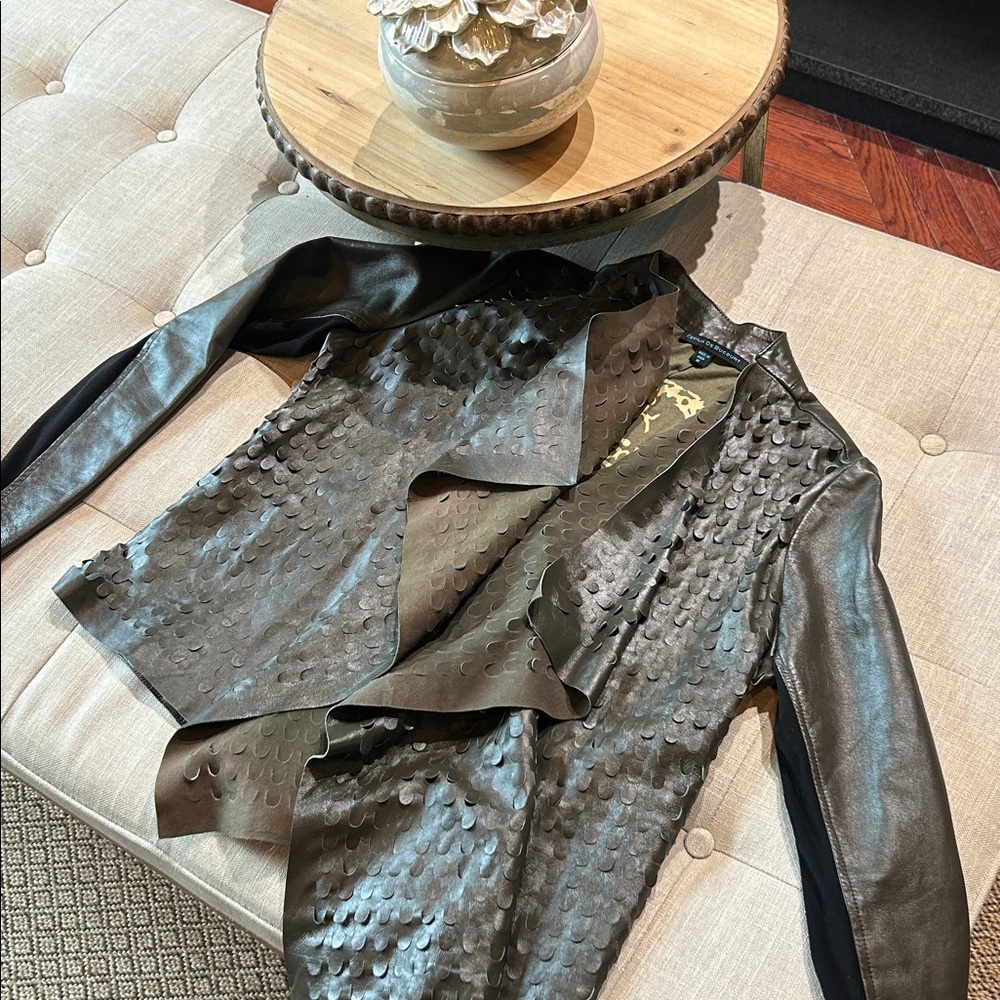 CECILIA DE BUCOURT Olive Green Cotton Notched Leather Jacket Size Medium